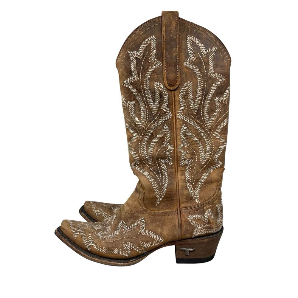 Lane Western Boots Brown Leather Embroidered Snip Toe Saratoga LB0389A - Picture 6 of 12